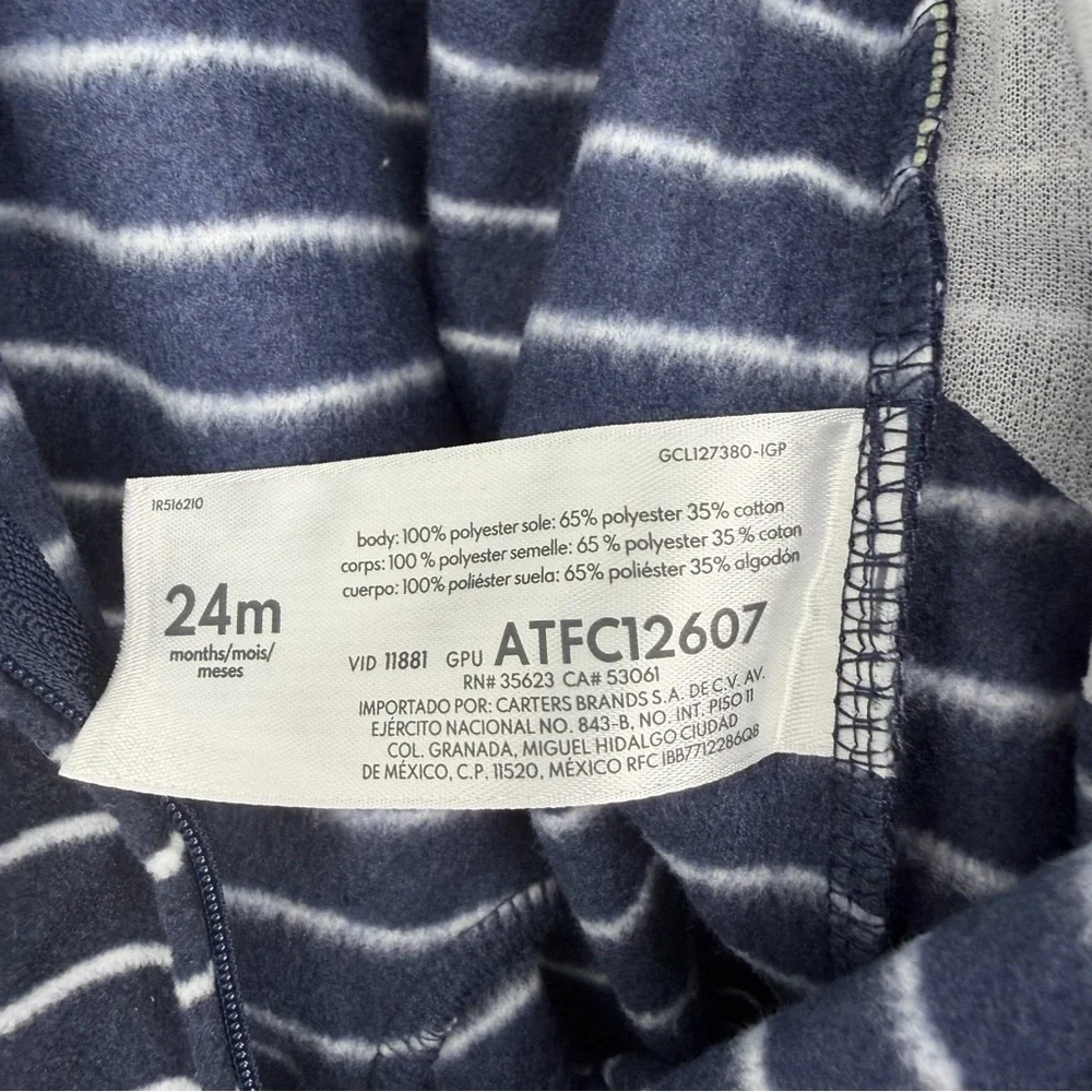 NWT Carter's Navy & White Striped Dinosaur One Piece Fleece Footie Pajama 24mo